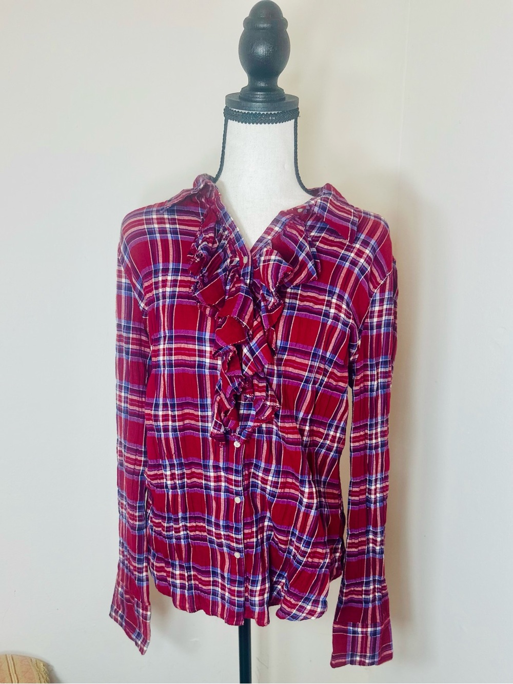 Converse Red White and Blue Plaid Ruffle-Front Button Down Shirt
